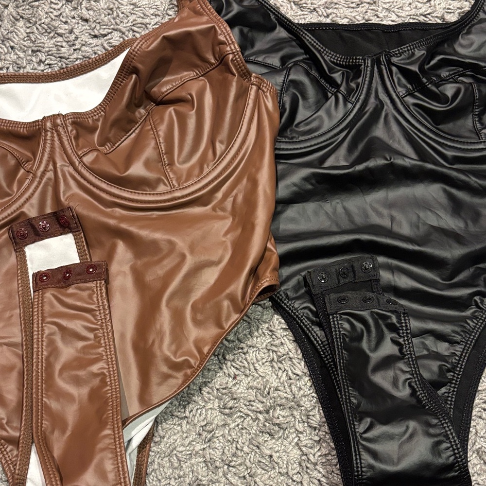 Black And Brown Mock Leather Bodysuits - Picture 2 of 3
